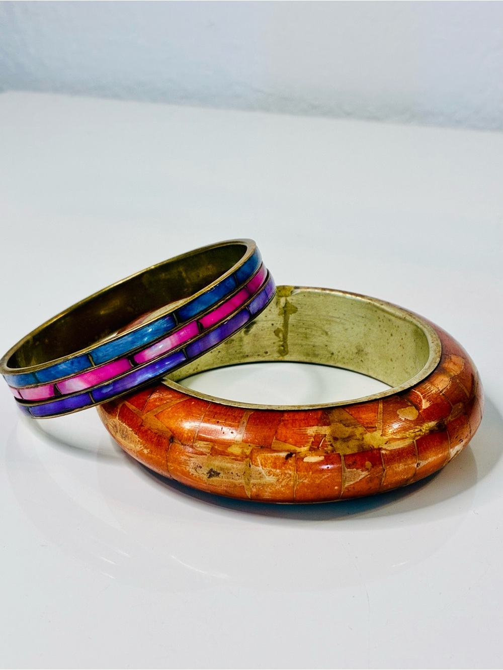 Bold Orange Mosaic Inlay Bangle Bracelet Dyed Mother Of Pearl Blue Pink & Purple